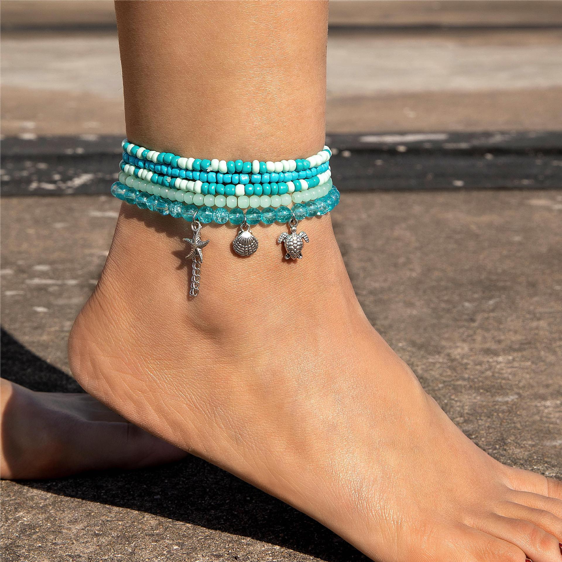 Wholesale Holiday style bohemian beaded stacking anklet starfish turtle shell pendant anklet five-piece set