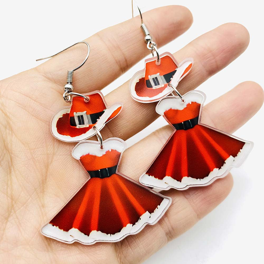 Wholesale Christmas Cute Princess Dress Western Denim Santa Hat Acrylic Earrings