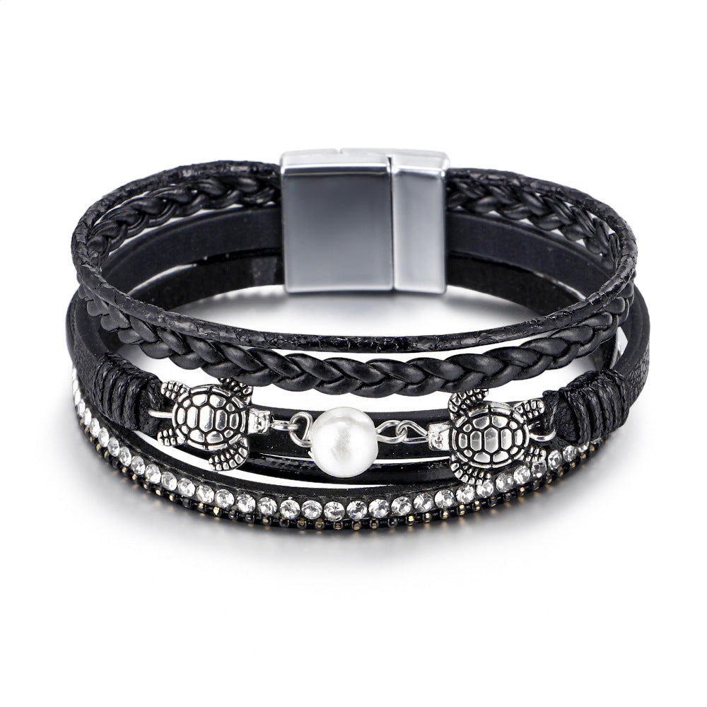 Wholesale Ethnic Style Pearl Turtle Magnetic Buckle Multi-layer PU Leather Woven Bracelet