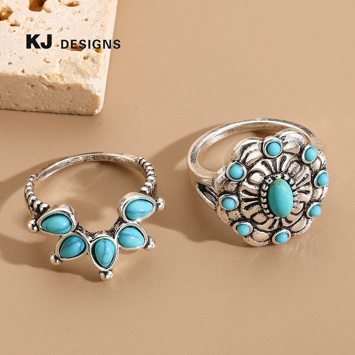 Wholesale Geometric turquoise teardrop gemstone retro ring