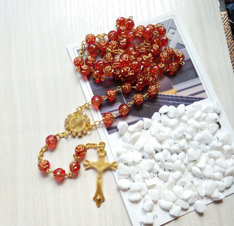 Wholesale Hand-strung Long Sweater Chain with Blue Gilt Rose Beads