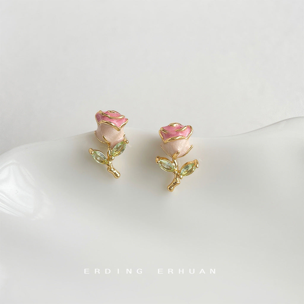 Wholesale Enamel drip glazed micro inlaid zircon rose silver needle earrings