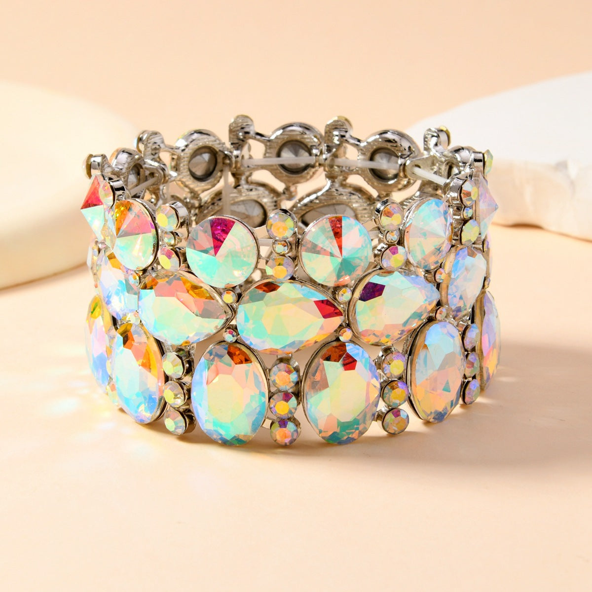 Wholesale European Fashion Gold AB Crystal Elastic Wide Bangle Bracelet Women S Party Jewelry Accessory