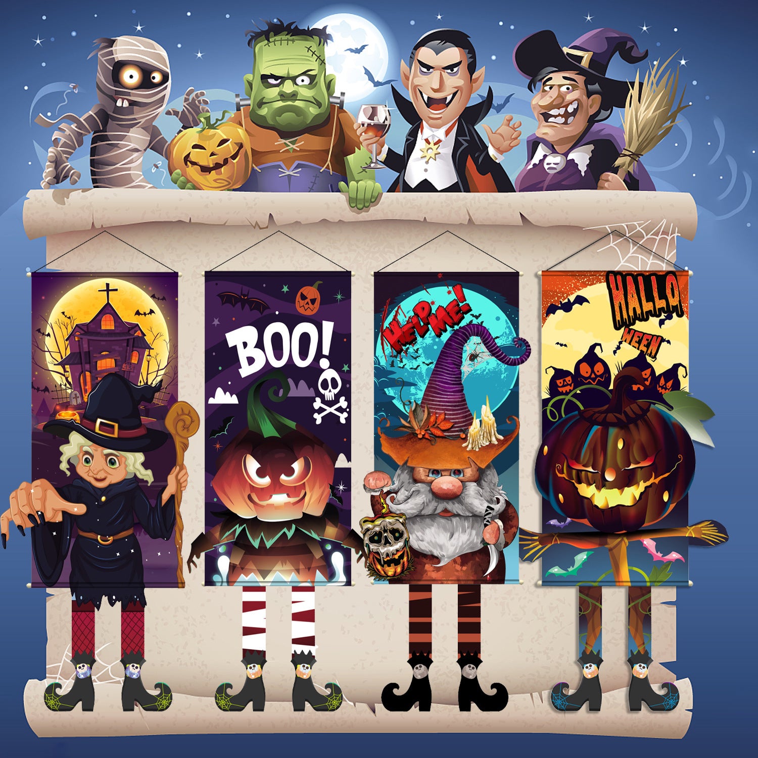 Wholesale Halloween Long Legs Dangling Elf White Ghost Hanging Flag Garden Non-woven Outdoor Banner