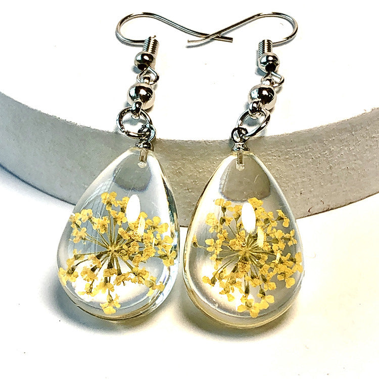 Wholesale 6pcs Fashion Water Drop Transparent Lace Real Flower Earrings