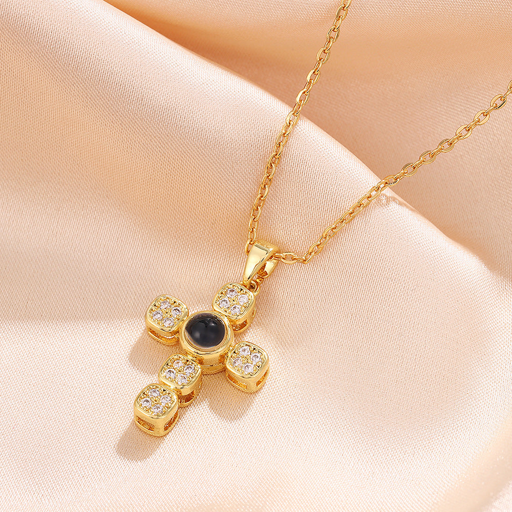 Wholesale Swan Cross Hundred Languages Projection Titanium Steel Necklace