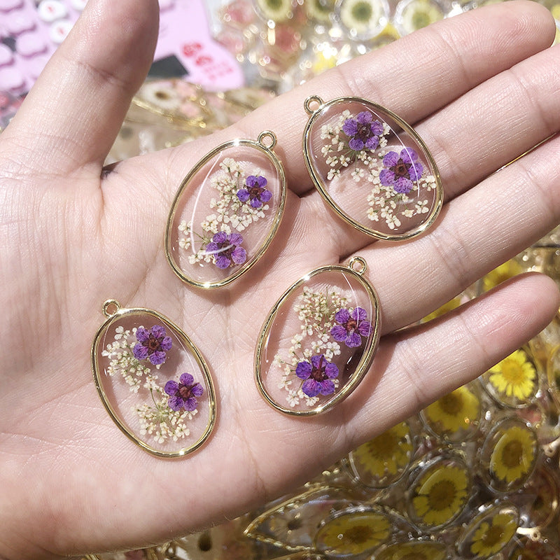 Wholesale 3pcs New Oval Alloy Dried Flower Dripping Oil Literary Small Fresh Jewelry DIY Pendant Accessories