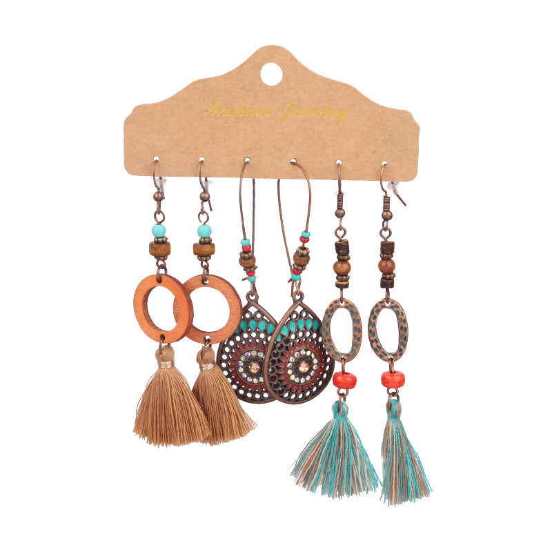 Wholesale Vintage Distressed Geometric Tassel Flower Earrings Set