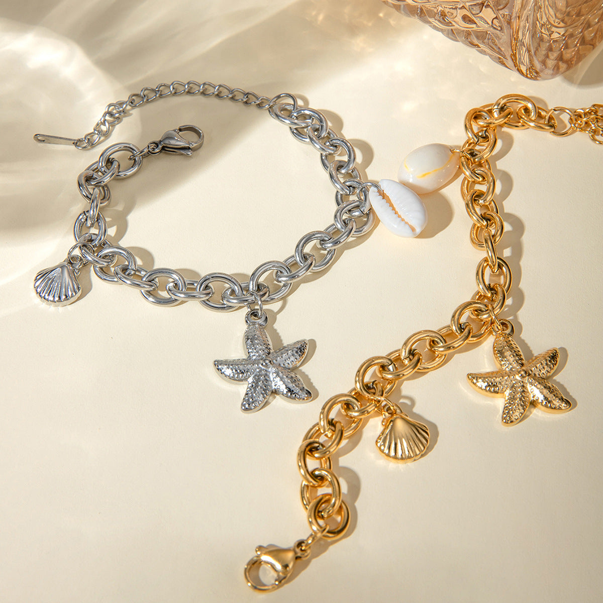 Wholesale Summer Ocean Starfish Shell Conch 18k Gold Stainless Steel Bracelet