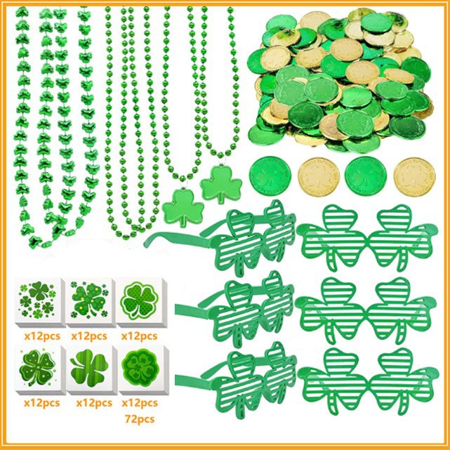 Wholesale St. Patrick' s Day Shamrock Necklace Glasses Bead Accessories Set