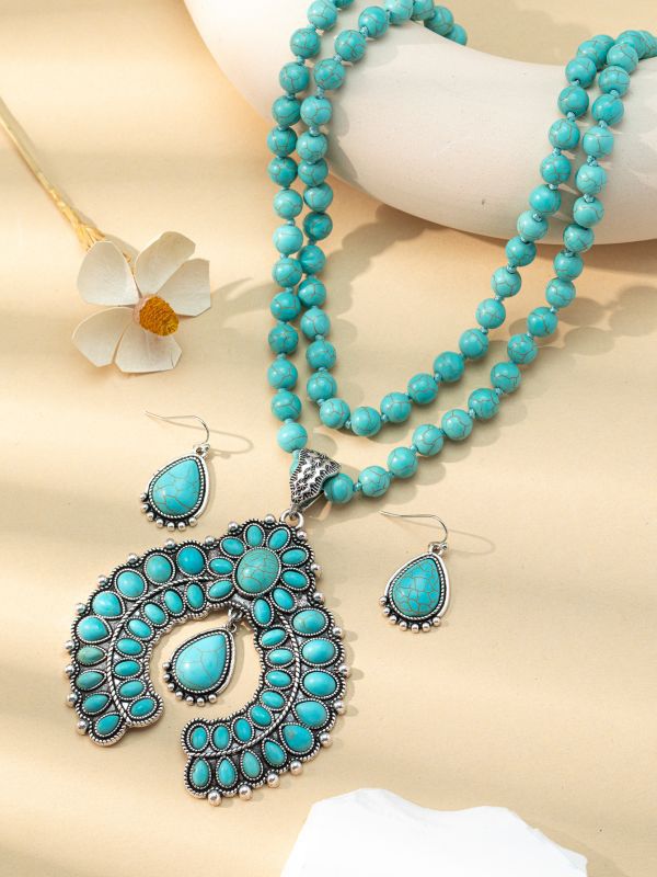 Wholesale Retro three-layer flower earrings turquoise earrings Western style exaggerated turquoise Buddha beads necklace jewelry set