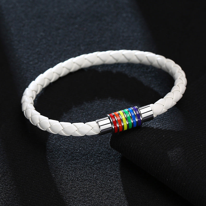 Wholesale Rainbow Woven Titanium Steel PU Leather Bracelet