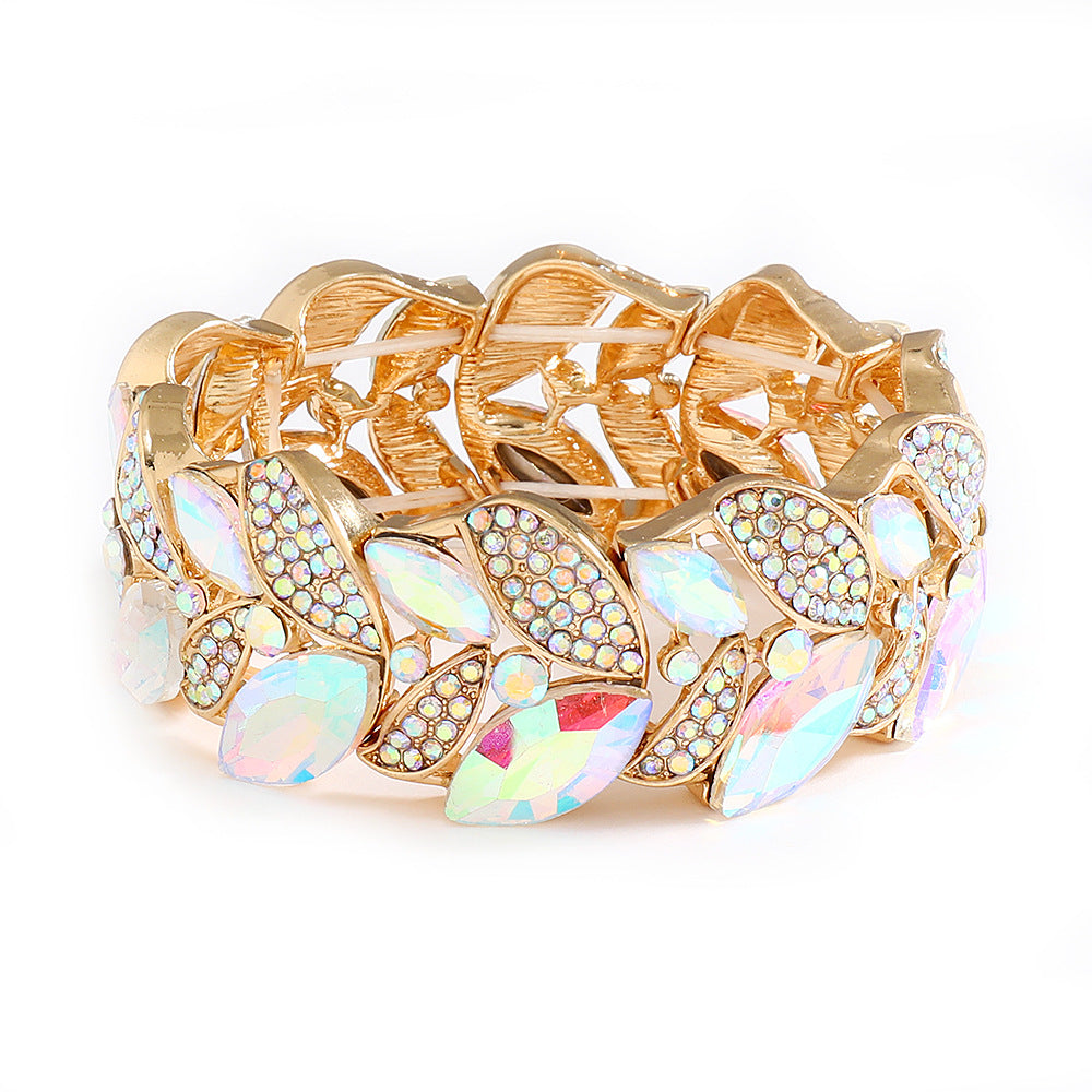 Wholesale Leaf Rhinestone Elastic Bangle Bracelet Golden White Alloy Jewelry Accessory Stylish Gift Boutique Resale