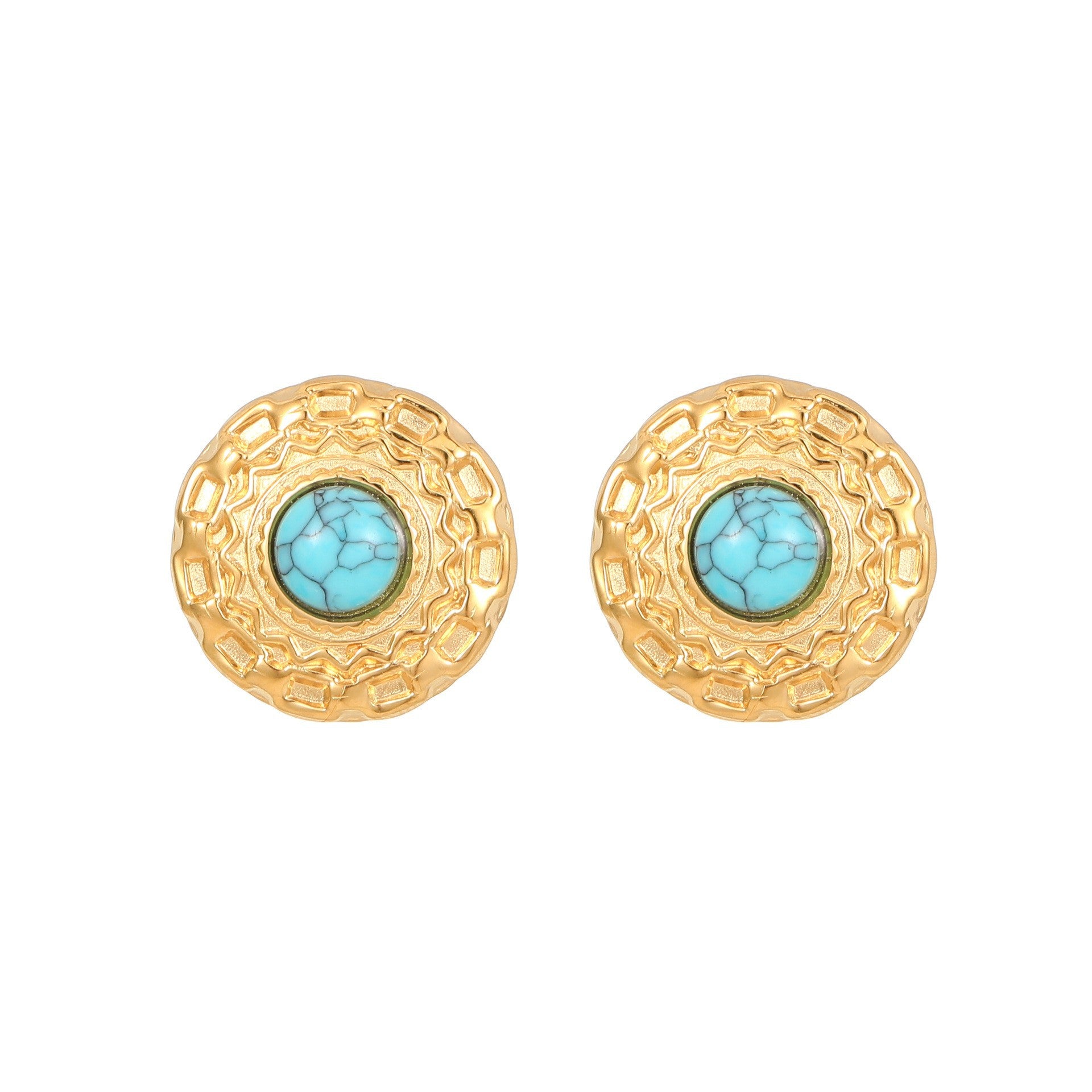 Wholesale Natural Turquoise Fan-shaped Hollow Stainless Steel Earrings