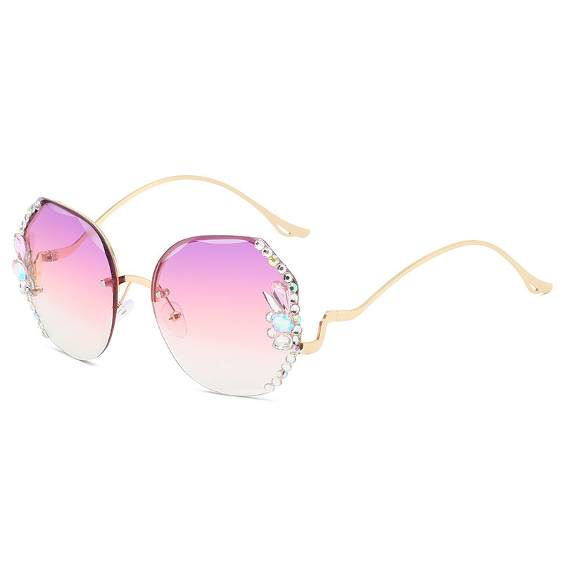 Wholesale Frameless Trim Fashion Big Face Slimming Diamond Sunglasses
