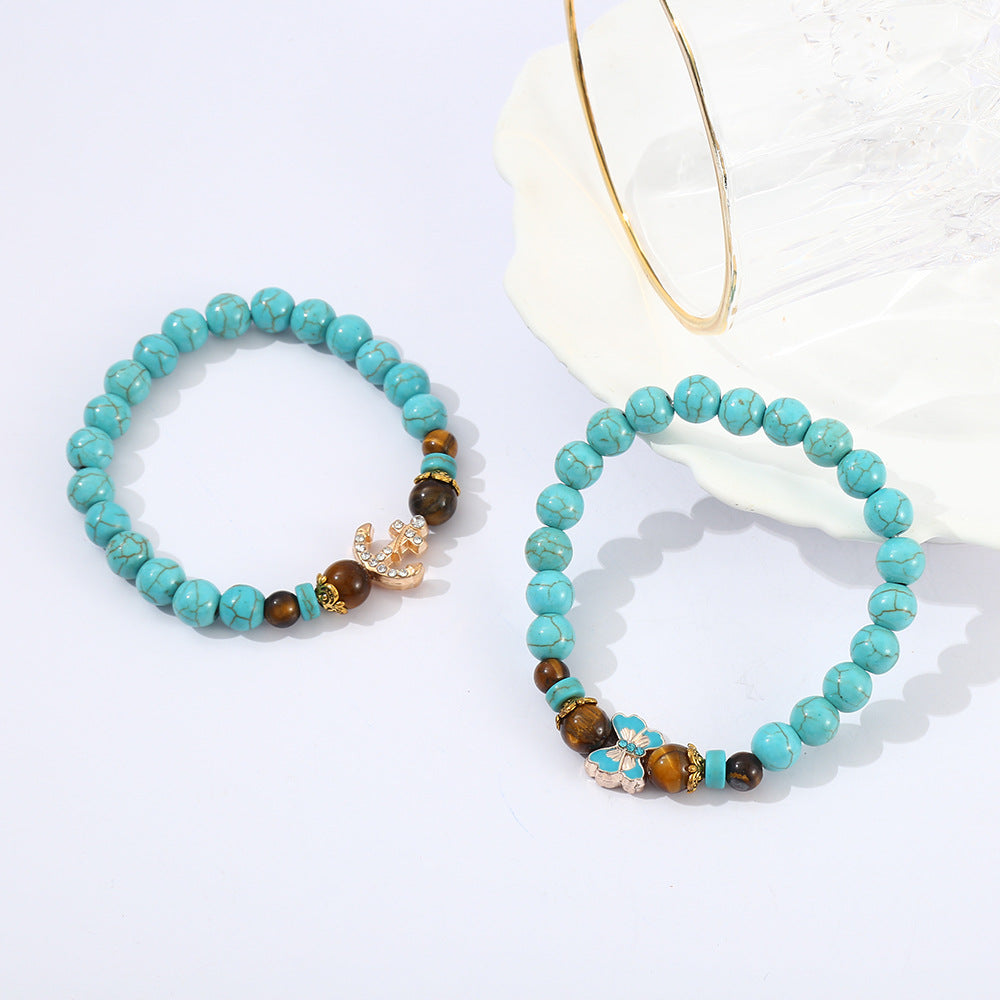 Wholesale 8mm  Turquoise Cross Natural Stone Beaded Vintage Tiger Eye Bracelet