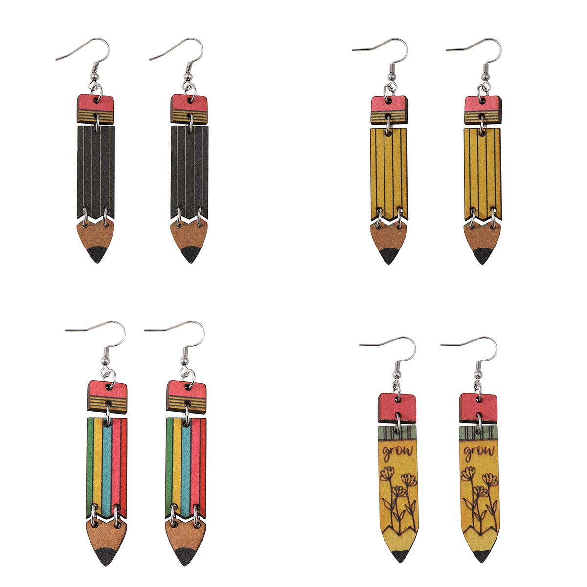 Wholesale Rainbow Pencil Double Sided Wooden Student Teacher Earrings