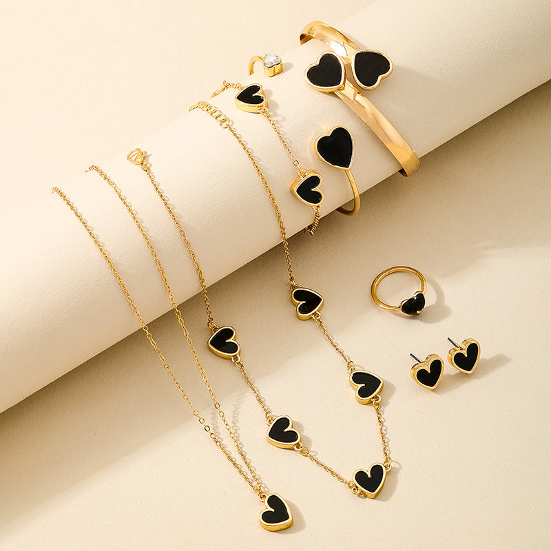 Wholesale Black Peach Heart Women Necklace Earrings Bracelet Ring Jewelry suit