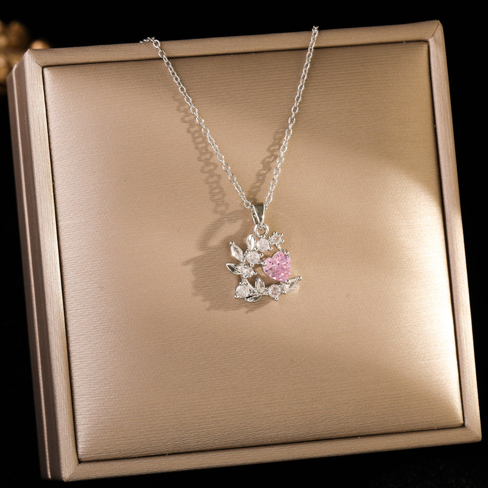 Wholesale Silver titanium steel necklace with powder zirconium inlay