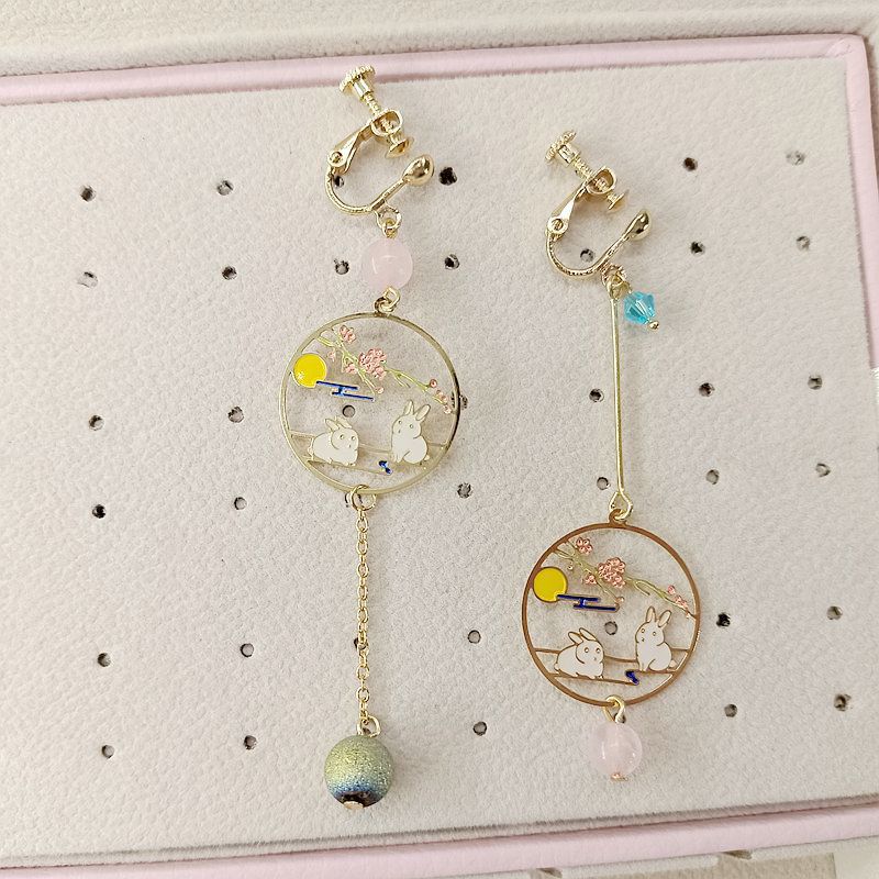 Wholesale Moonlit Cute Rabbit Asymmetric Long Earrings