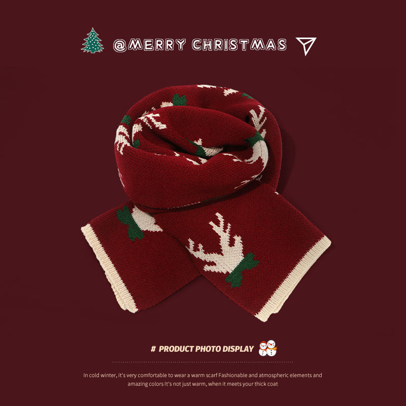 Wholesale Red Knitted Winter Deer Christmas Warm Woolen Scarves