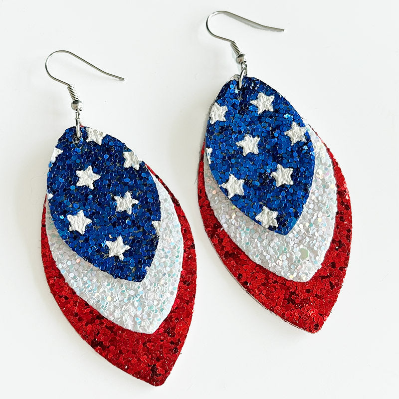 Wholesale 2pairs/pack Independence Day Flag Parade Feather Shiny Leather Mesh Earrings