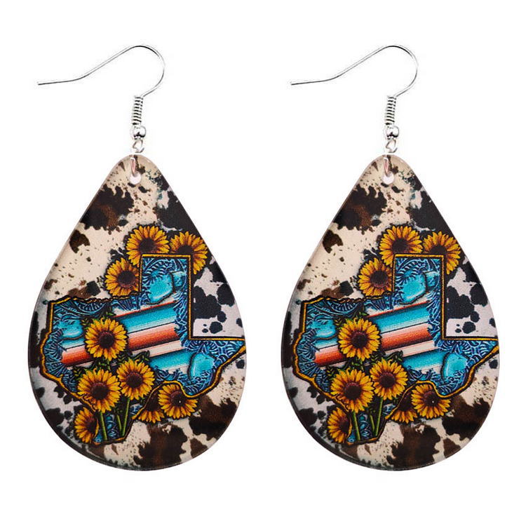 Wholesale Western Style Texas Map Cow Pattern Sunflower Water Drop Acrylic Earrings