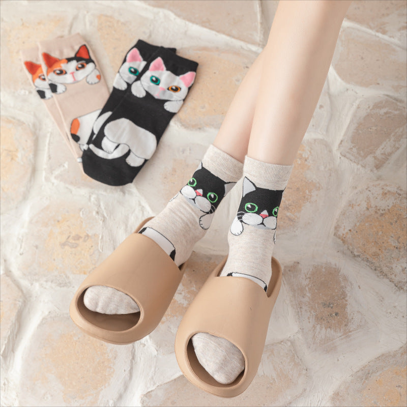 Wholesale 5 pairs of spring and autumn women's cartoon butt cat cute love cotton socks
