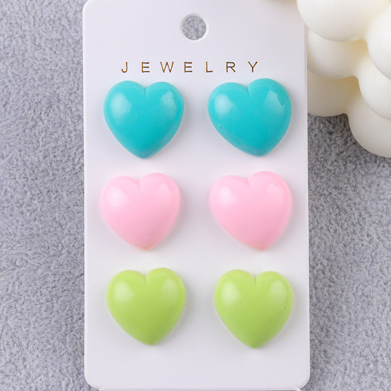 Wholesale Japanese Style Fresh Candy Colored Love Three Piece Set Acrylic Simple and Fashionable Earrings
