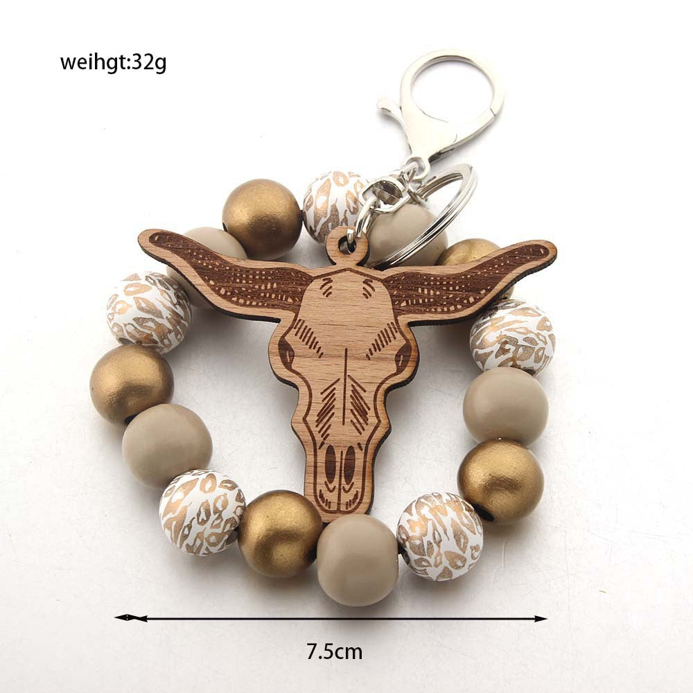Wholesale Wooden Beads Lips Print Cartoon Elephant Highland Cattle Wrist Keychain