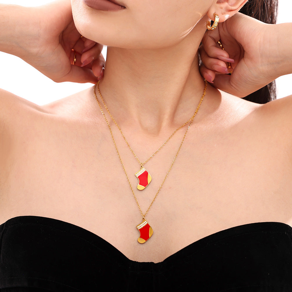 Wholesale Christmas gift red socks oil drop zircon pendant necklace