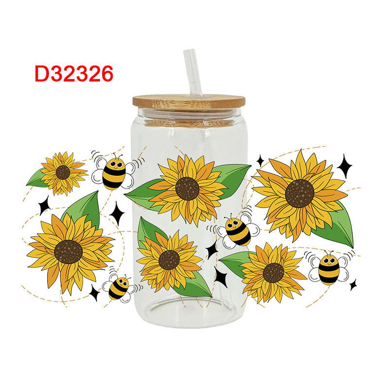 Wholesale Sunflower blossom Uv Transfer Sticker Glass Cup 16oz Cup UV DTF Wraps