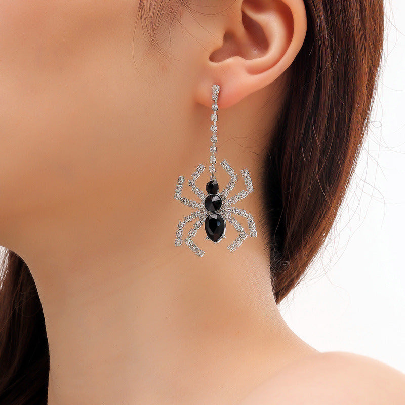 Wholesale 2pairs/pack Halloween Black Spider Black and White Water Diamond Long Metal Earrings