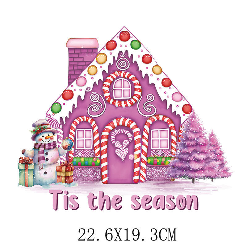 Wholesale Pink Christmas House Heat Transfer  UV DTF Ready to Press Transfers Wraps