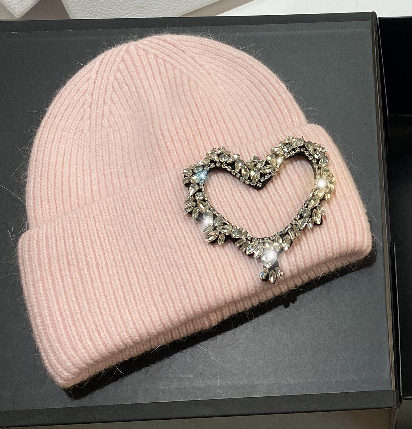Wholesale Heavy Industry Hand Sewn Rhinestone Heart Rabbit Fur Earmuffs Knitted Hat