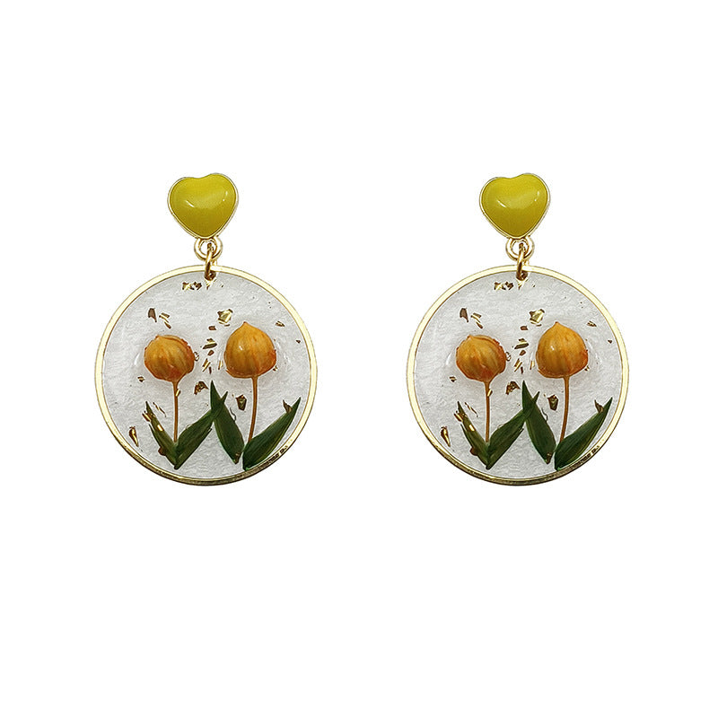 Wholesale Everlasting Flower Epoxy Yellow Flower Bud Earrings