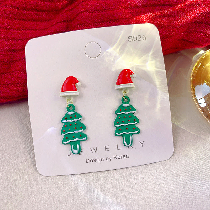 Wholesale Christmas Silver Needle Studded Diamond Oil Drip Asymmetric Tassel Earrings