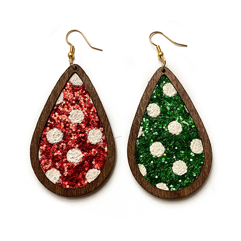 Wholesale Christmas Sparkling Wave Point Wooden Inlaid Leather Classic Water Drop Earrings