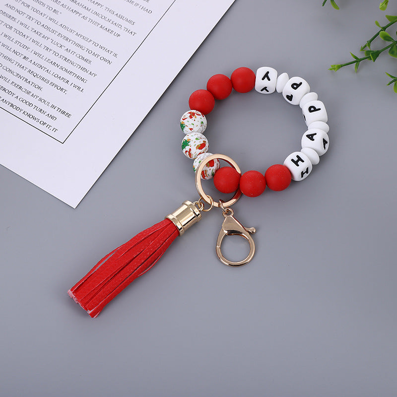 Wholesale Christmas New Silicone Beads PU Tassel Wooden Beads Bracelet Keychain