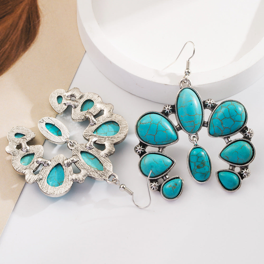 Wholesale Retro Geometric Creative Alloy Inlaid Turquoise Color Diamond Bohemian Earrings