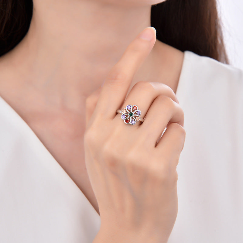 Wholesale Rainbow Micro Inlaid Diamond Flower Ring for Women,  White Copper