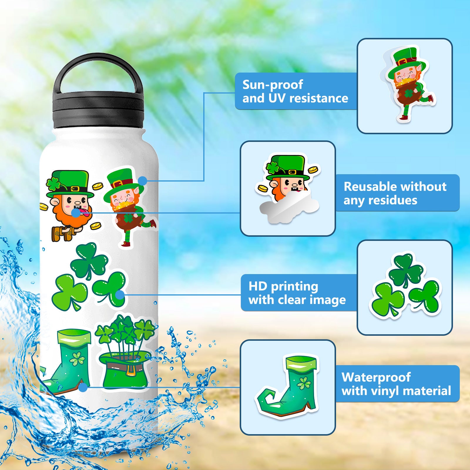 Wholesale 50pcs St.  Patrick' s Theme Clover Hat Party Waterproof Vinyl Stickers