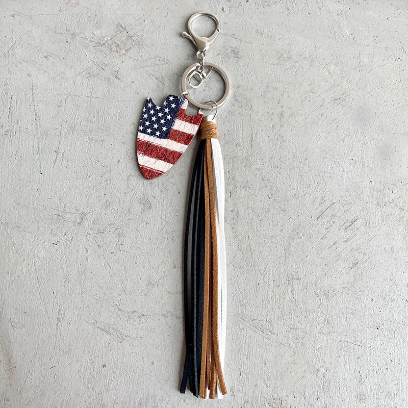 Wholesale 3pcs/pack American Flag Baseball Tassel Wood Keychain