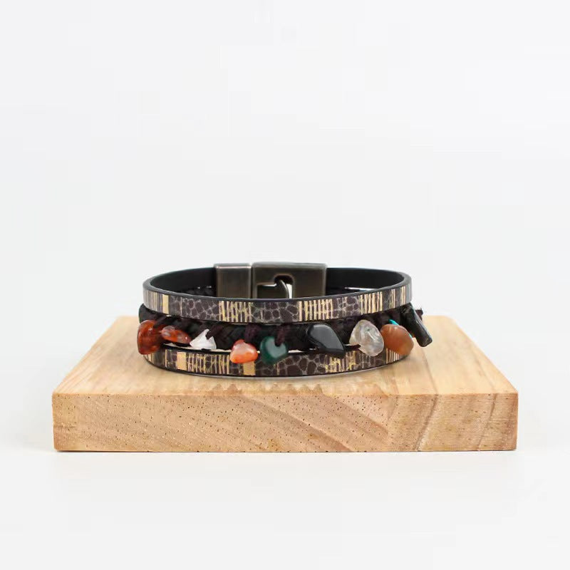 Wholesale Hand-woven natural stone multi-layered leather bracelet