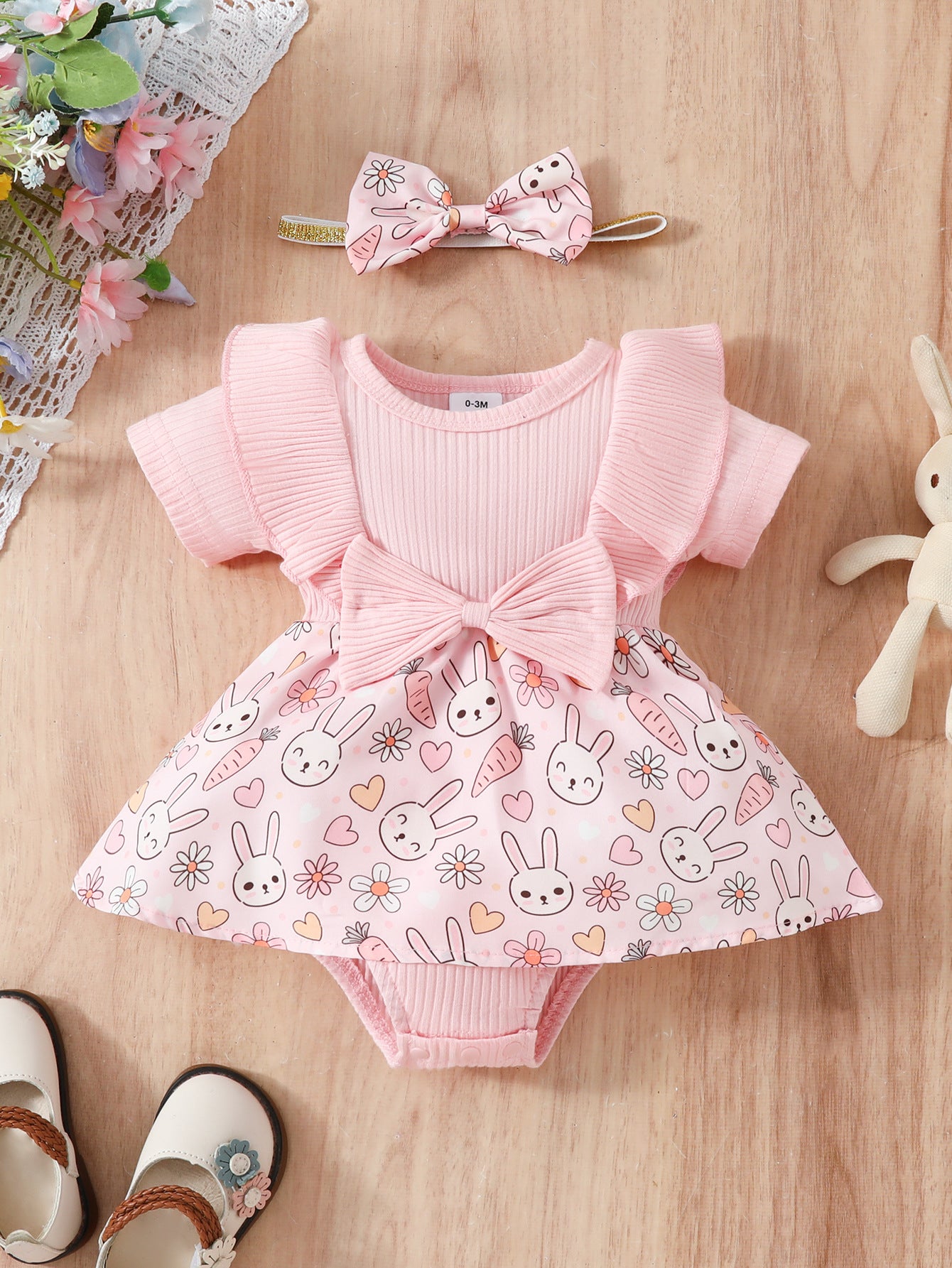 Wholesale Easter Cotton Baby One Piece Rabbit Ripple Bow Dress