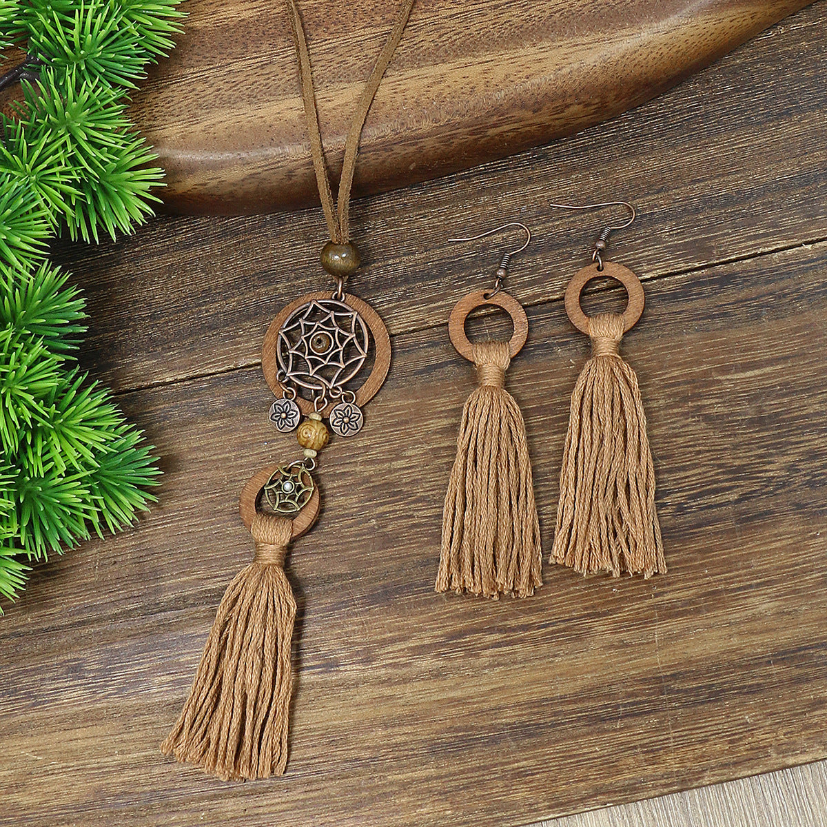 Wholesale Bohemian Dream Catcher Tassel Wooden Necklace