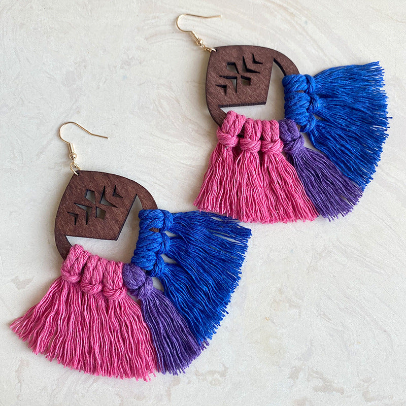 Wholesale Rainbow Chess Bohemian Tassel Hand Braided Earrings