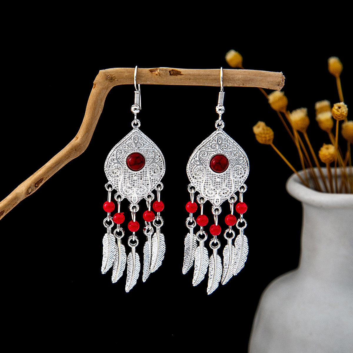 Wholesale Ethnic Style Long Style Feather Tassel Alloy Earrings
