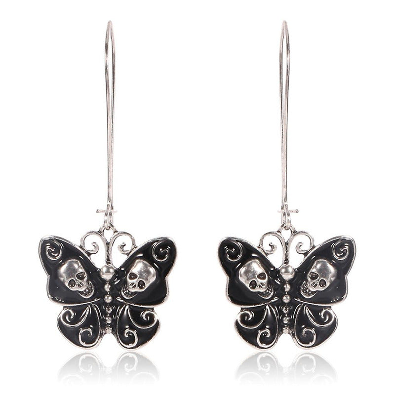 Wholesale Black skull butterfly long earrings Retro Gothic earrings