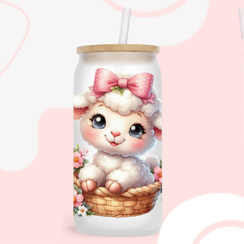 Wholesale Cute flowers lamb  calf 16oz Cup UV DTF Wraps